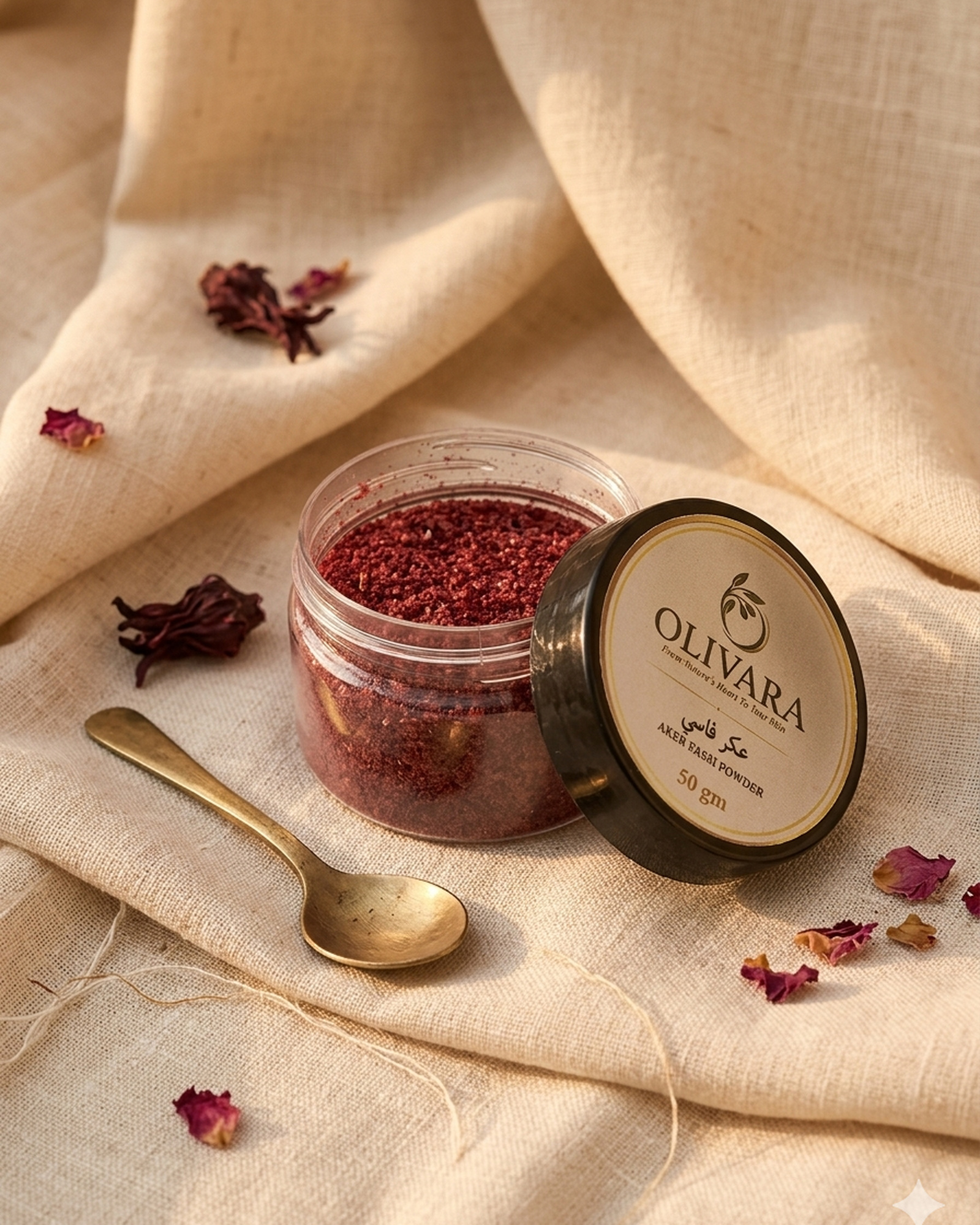Olivara Aker Fassi powder on linen with rose petals Olivara Aker Fassi powder on linen with rose petals | بودرة عكر فاسي من أوليفارا على كتان مع ورد مجفف