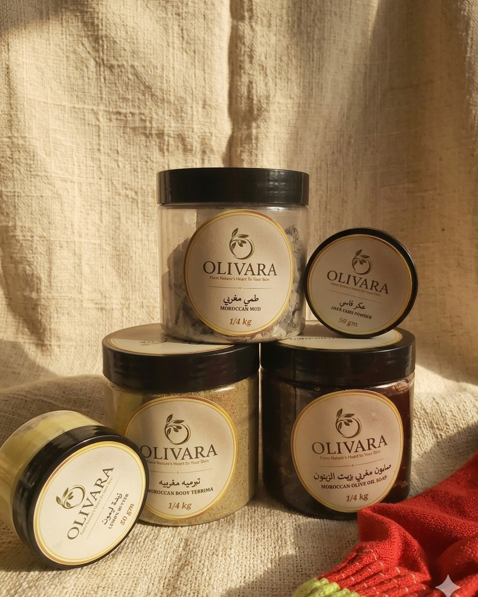 Olivara Moroccan Bath Package on linen Olivara Moroccan Bath Package on linen | باكدج الحمام المغربي من أوليفارا على كتان