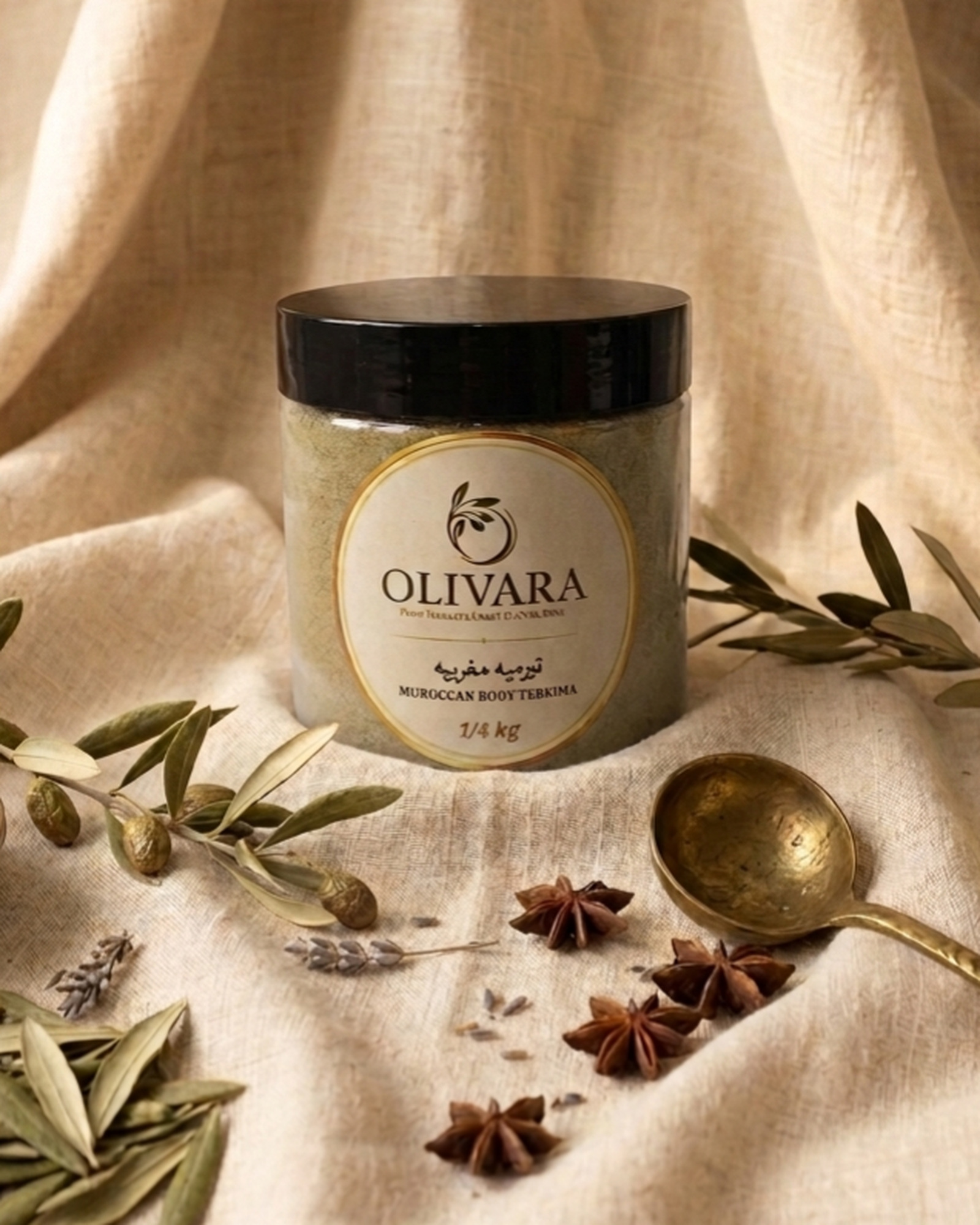 Olivara Moroccan Tabrima on linen with olive and star anise | التبريمة المغربية من أوليفارا على كتان مع زيتون ويانسون نجمي